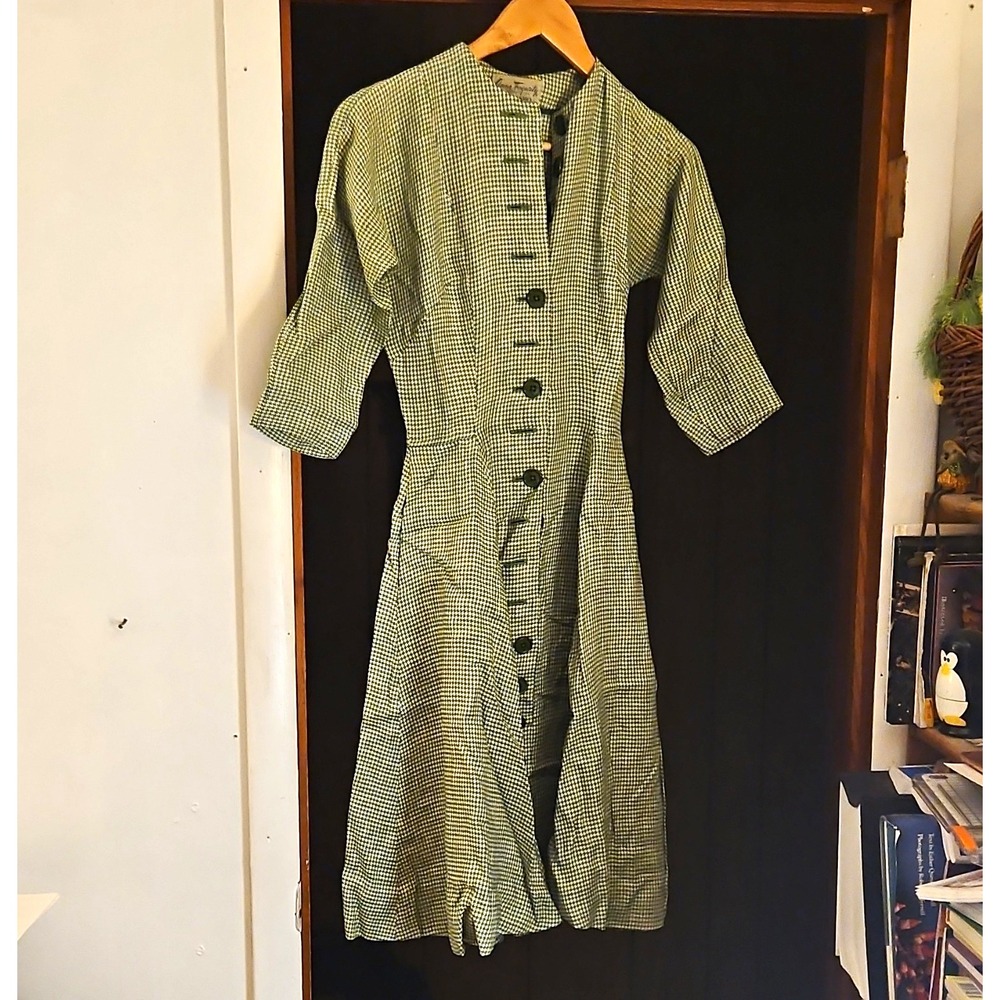 Anne Fogarty Green/White Houndstooth Linen A-Line Knee Dress Button Front S